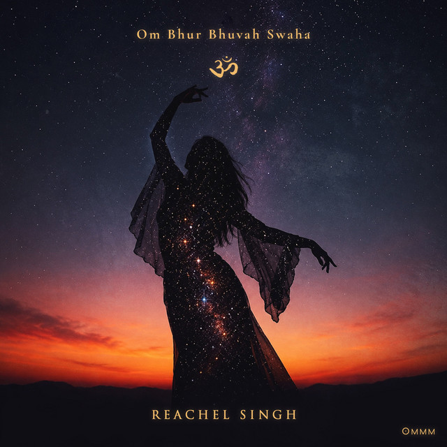 the single cover: a star-filled silhouette dancing against a deep orange sunset, with the om symbol above her
